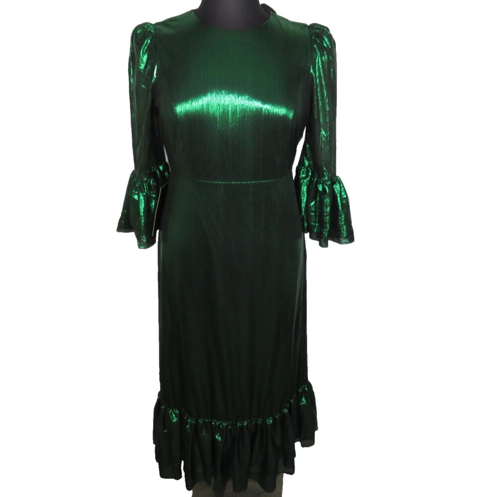 Tuckernuck Pomander Place Emerald Crinkle Lurex Bell Sleeve Lillith Dress Size L